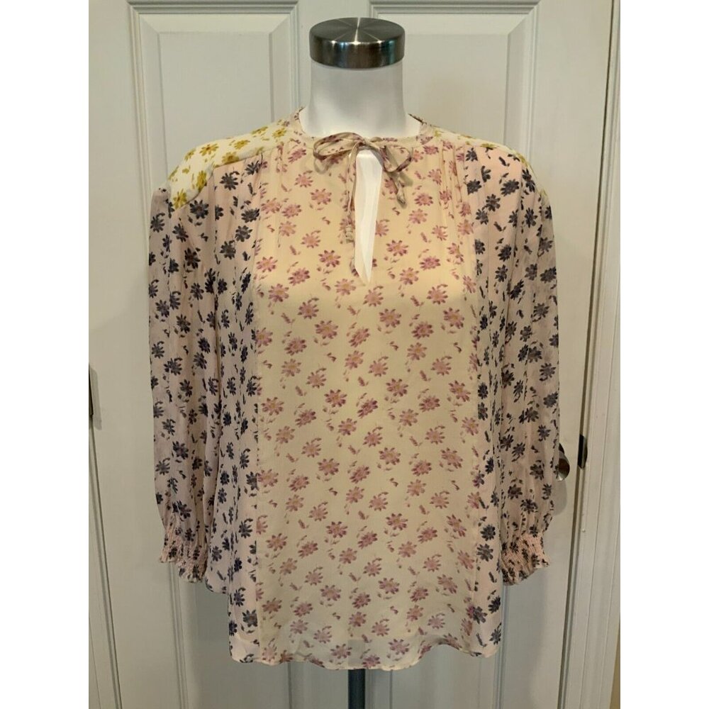 Joie Multicolor Watercolor Floral Print Blouse Silk Shirt W/ Neck Tie, Size XS